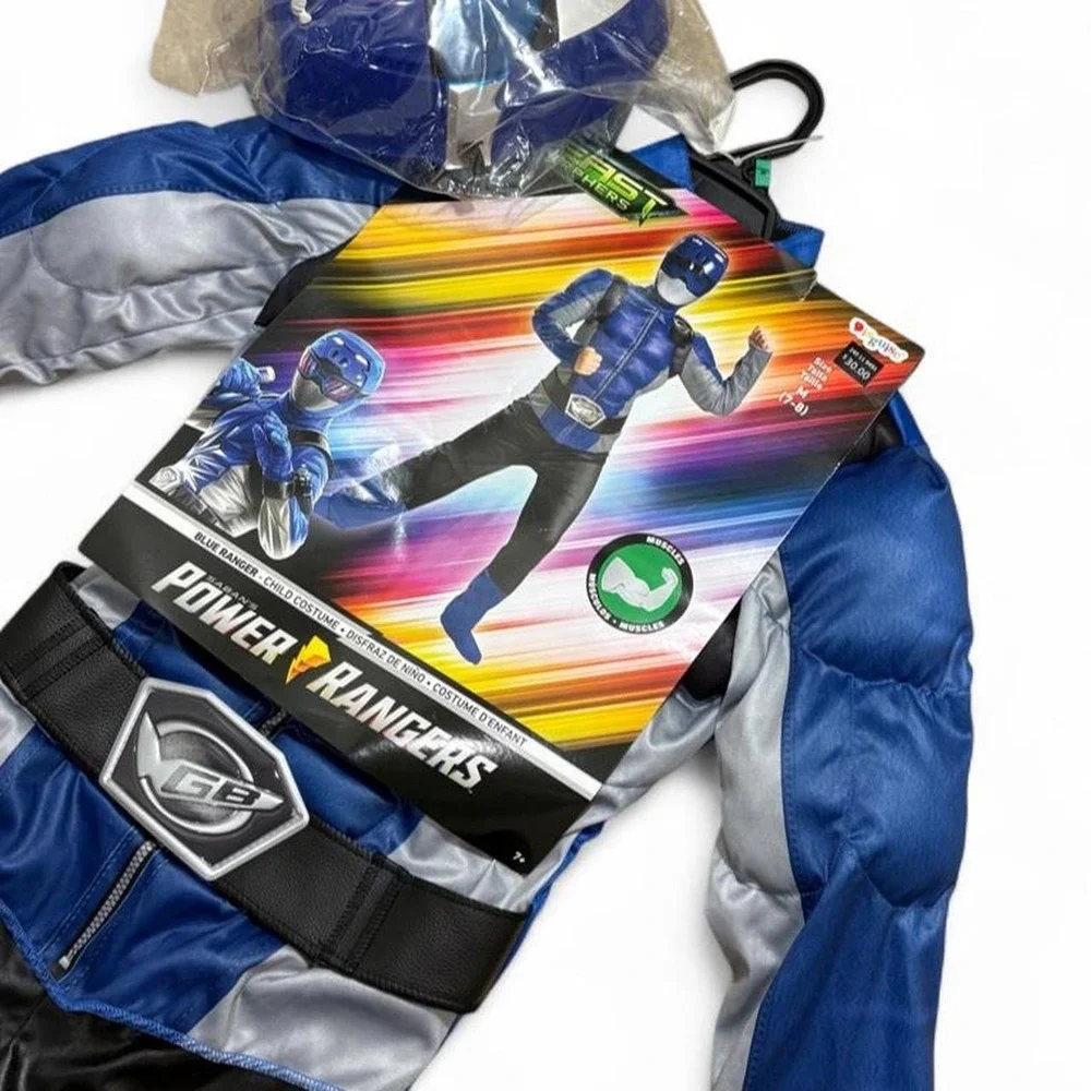 Blue Power Rangers Beast Morphers Muscle Jumpsuit Costume Set Helmet Kids M 7-8